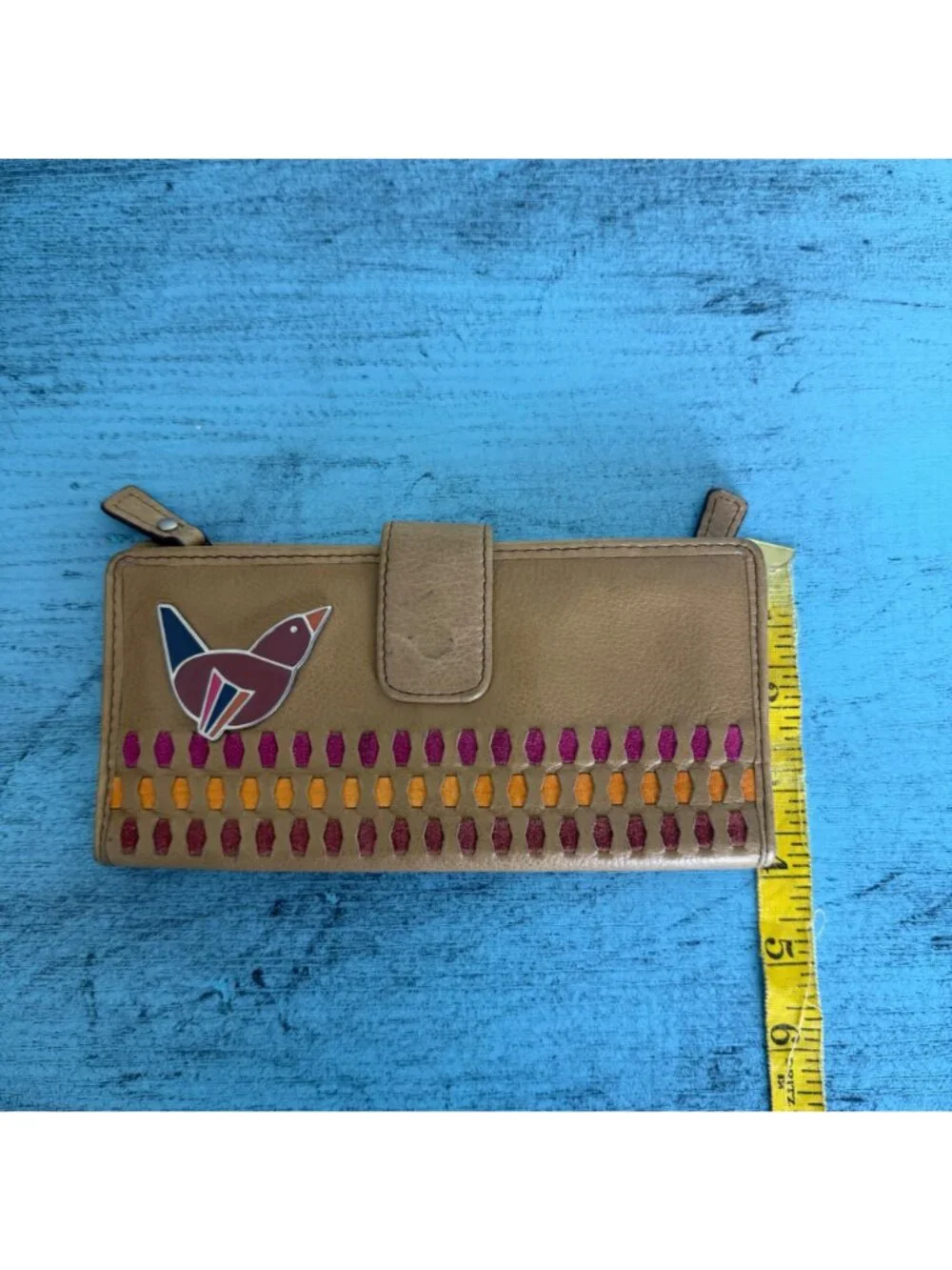 Fossil Tan Leather Wallet With Colorful Embroidered Accents & Bird Design